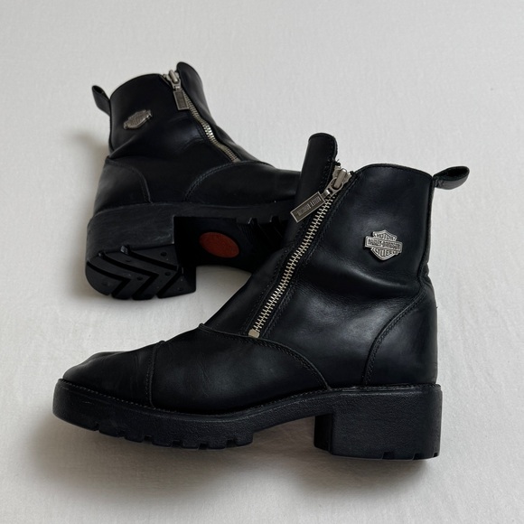 HARLEY DAVIDSON Women's Amherst Boots 8 Black Leather Double Zipper Biker Moto - Picture 1 of 16